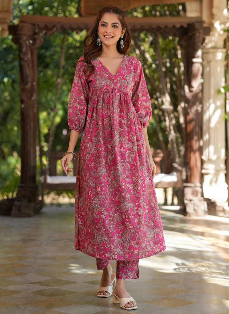 Zeresouq Pink Cotton Floral A-Line Kurta Bottom Set